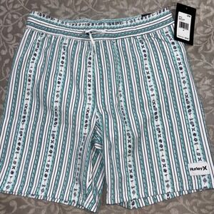 Hurley Boys Swim Trunks Blue White Striped Wave Pattern Board Shorts Size Medium